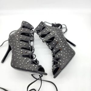 JustFab Black Lace-Up Peep Toe Stiletto Heels with Stud Accents 8